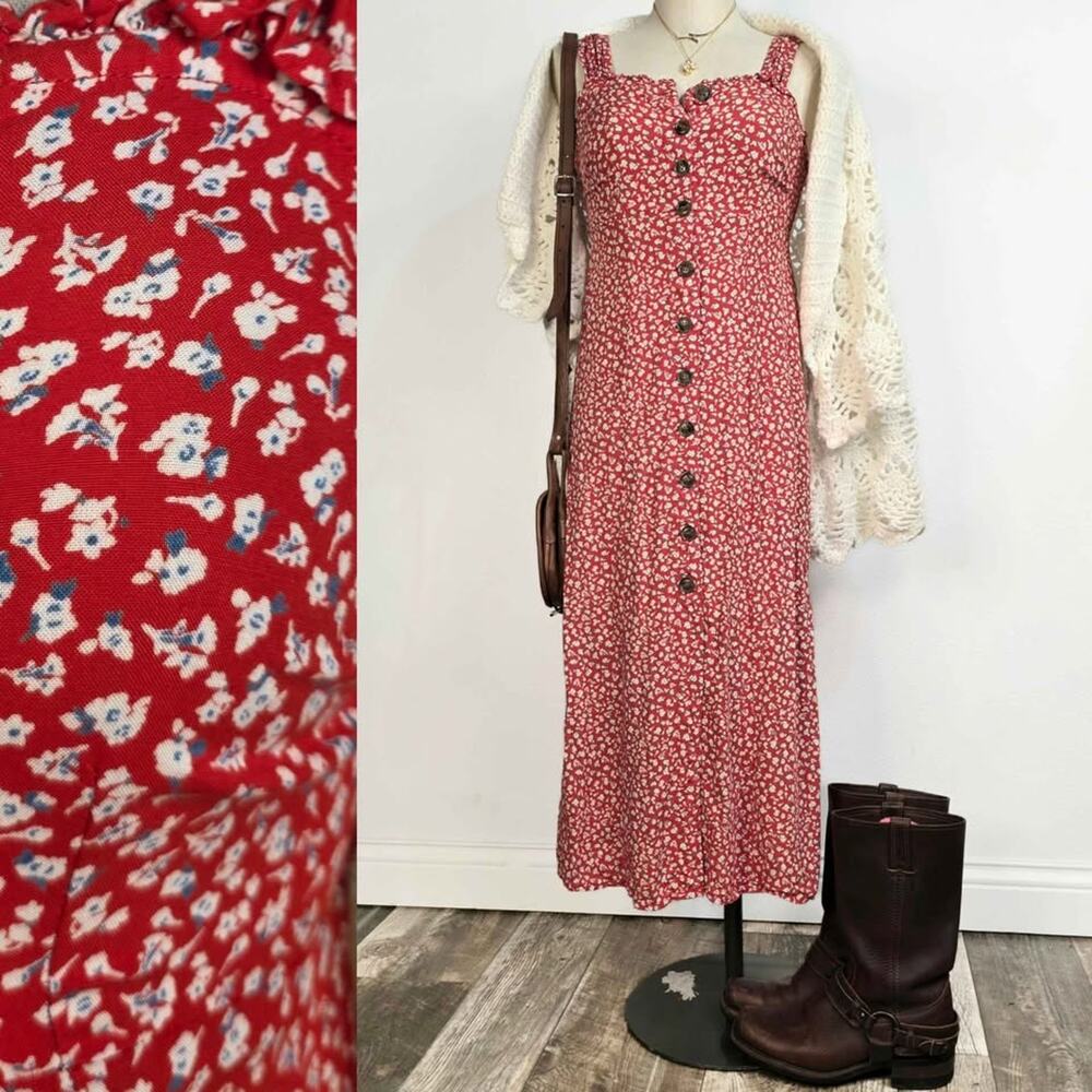 Ditsy Mirco Floral Midi Dress Button Front Cottagecore Prairie Boho